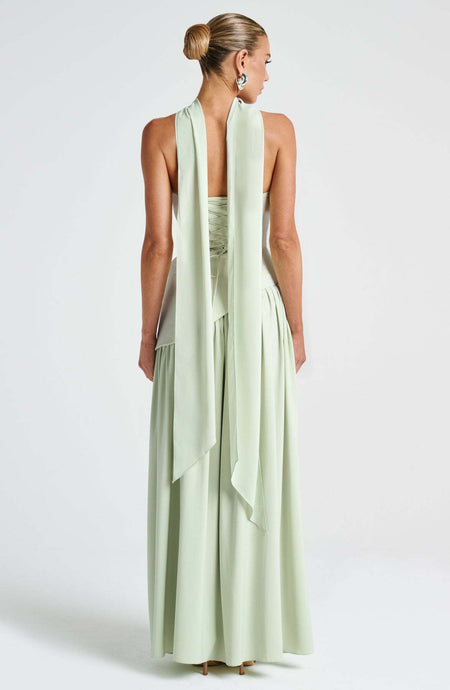 Greer Slit Maxi Dress With Scarf - back shot on model, sage green - Miss Mosa By Akanksha