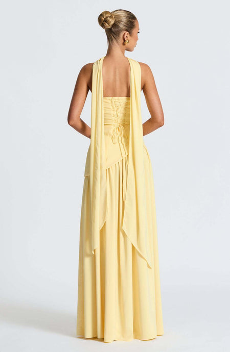 Greer Slit Maxi Dress With Scarf - back shot on model, pale yellow - Miss Mosa By Akanksha