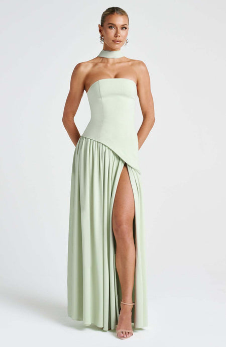 Greer Slit Maxi Dress With Scarf - full-length front shot on model showing thigh slit, sage green - Miss Mosa By Akanksha