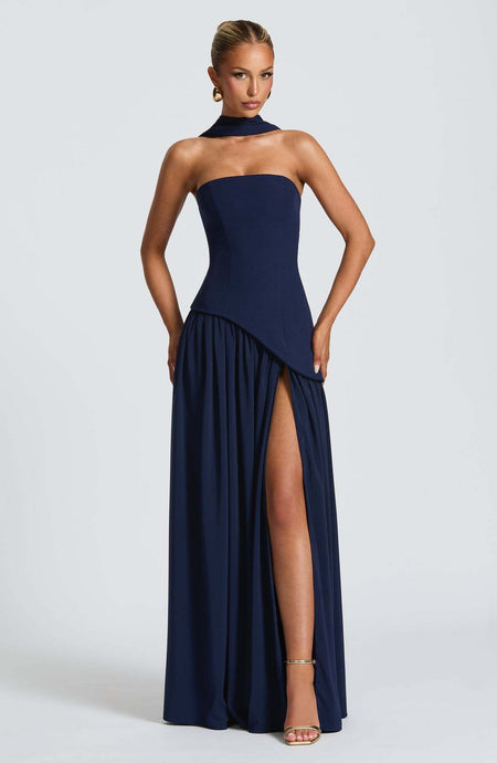Greer Slit Maxi Dress With Scarf - full-length front shot on model showing thigh slit, navy - Miss Mosa By Akanksha