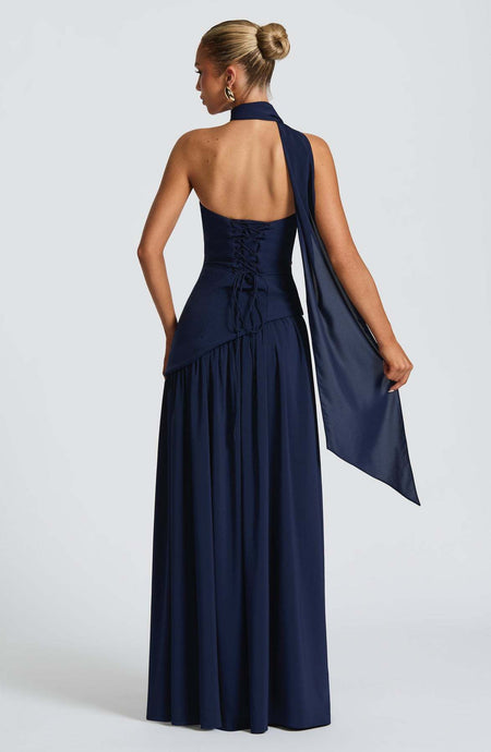 Greer Slit Maxi Dress With Scarf - back shot on model, navy - Miss Mosa By Akanksha