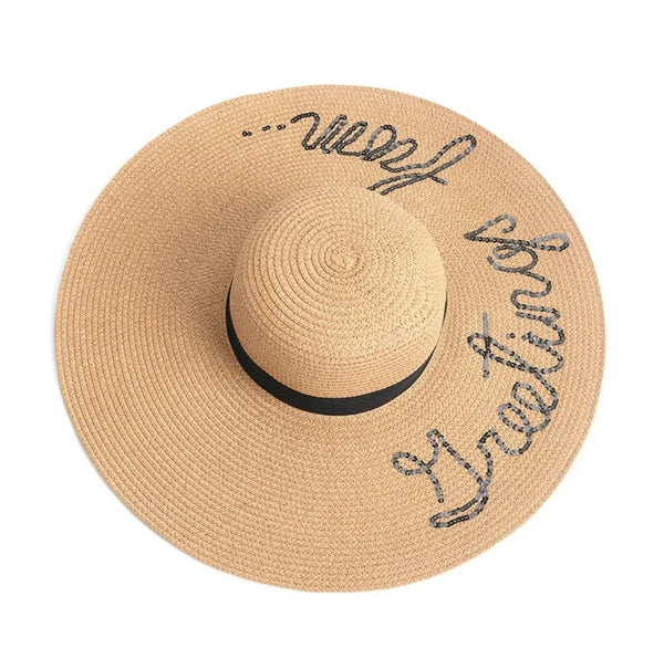 Greeting From Straw Hat In Brown - flat-lay product shot of the straw hat with sequin lettering - Miss Mosa By Akanksha