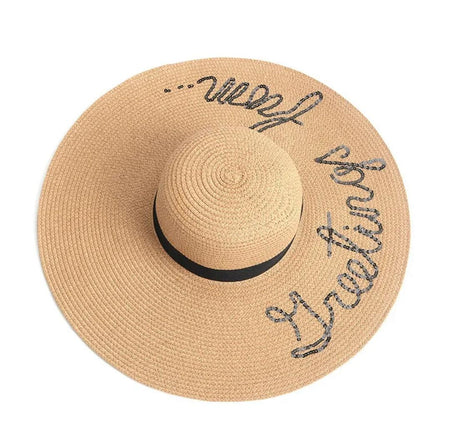 Greeting From Straw Hat In Brown - flat-lay product shot of the straw hat with sequin lettering - Miss Mosa By Akanksha