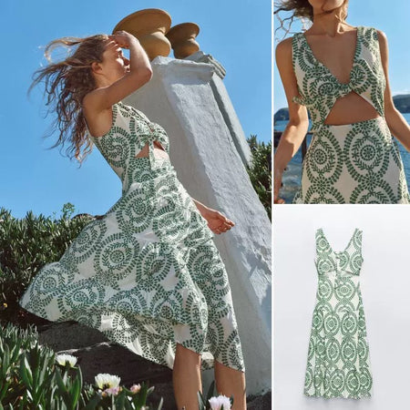 Grekko Vintage Summer Midi Dress - lifestyle shot on model, green - Miss Mosa By Akanksha