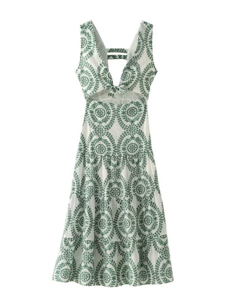 Grekko Vintage Summer Midi Dress - flat-lay product shot, green - Miss Mosa By Akanksha