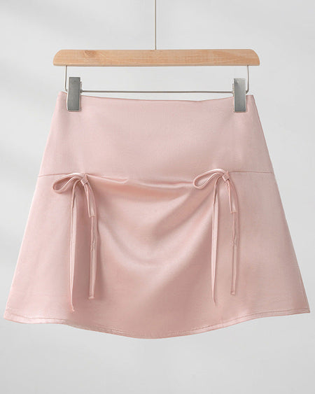 Greta Bow Satin Mini Skorts - flat-lay shot, pink - Miss Mosa By Akanksha