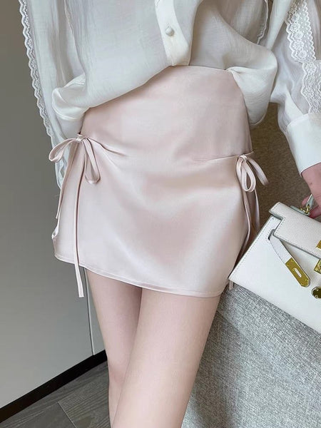 Greta Bow Satin Mini Skorts - side shot, pink - Miss Mosa By Akanksha