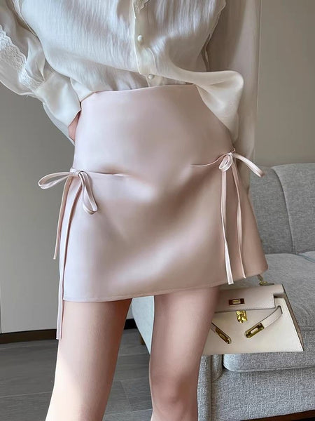 Greta Bow Satin Mini Skorts - front shot, pink - Miss Mosa By Akanksha
