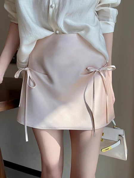 Greta Bow Satin Mini Skorts - back shot, pink - Miss Mosa By Akanksha