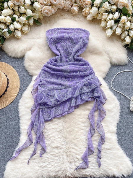 Hahn Ruffled Bodycon Dress - styled flat-lay shot, purple - Miss Mosa By Akanksha
