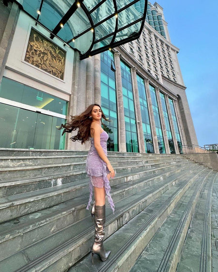 Hahn Ruffled Bodycon Dress - full-length shot on model, purple - Miss Mosa By Akanksha