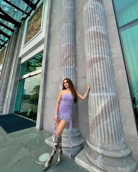 Hahn Ruffled Bodycon Dress - full-length shot on model, purple - Miss Mosa By Akanksha