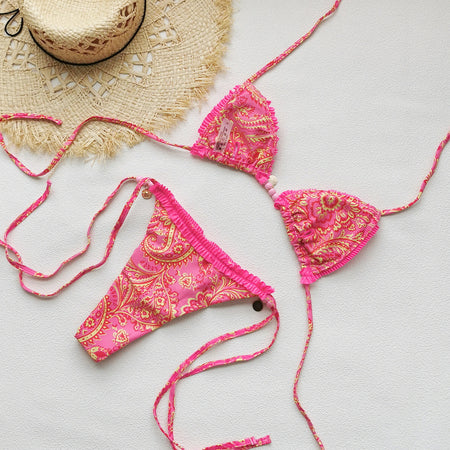Halia 2Pcs Printed Bikini Swimsuit - flat-lay shot, pink and gold paisley print - Miss Mosa By Akanksha