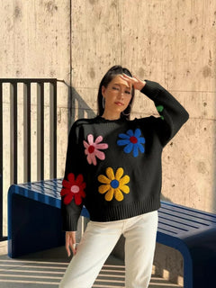Halle Embroidered Floral Woolen Sweater - front shot on model, black - Miss Mosa By Akanksha