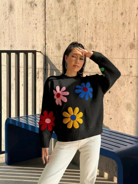 Halle Embroidered Floral Woolen Sweater - front shot on model, black - Miss Mosa By Akanksha