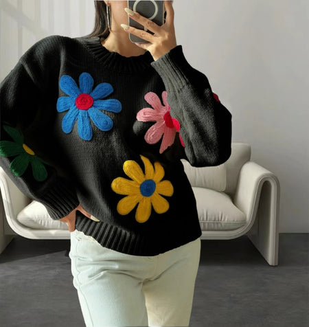 Halle Embroidered Floral Woolen Sweater - front shot on model, black - Miss Mosa By Akanksha