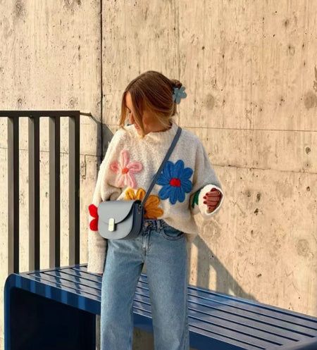 Halle Embroidered Floral Woolen Sweater - back shot on model, off-white - Miss Mosa By Akanksha