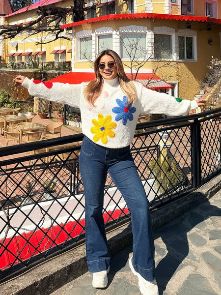Halle Embroidered Floral Woolen Sweater - full-length shot on model, off-white - Miss Mosa By Akanksha