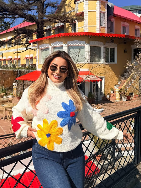 Halle Embroidered Floral Woolen Sweater - front shot on model, off-white - Miss Mosa By Akanksha
