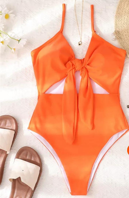 Hana One Pc Swimsuit - styled flat-lay shot, orange - Miss Mosa By Akanksha