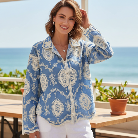 Hana Premium Embroidered Cotton Shirt In Blue - front shot on model - Miss Mosa By Akanksha