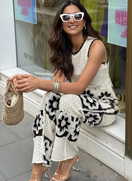 Hanako Crochet Coord Set -Resortwear In Beige - seated shot on model outdoors - Miss Mosa By Akanksha