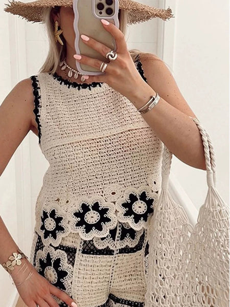 Hanako Crochet Coord Set -Resortwear In Beige - close-up of crochet top on model - Miss Mosa By Akanksha