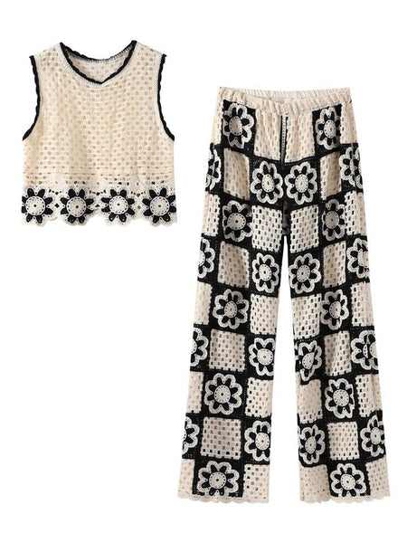 Hanako Crochet Coord Set -Resortwear In Beige - flat-lay shot of top and trousers - Miss Mosa By Akanksha