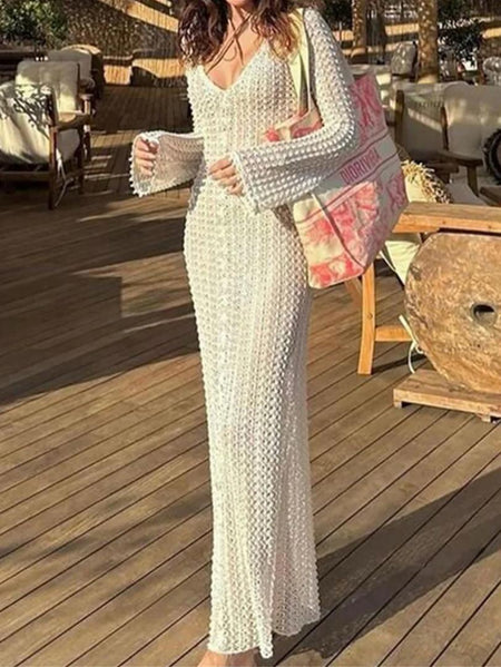 Hanaya Statement Crochet Dress In White - full-length front shot on model - Miss Mosa By Akanksha
