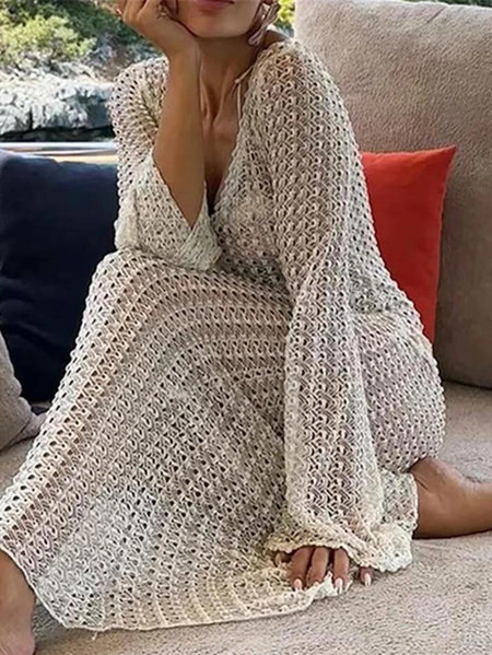 Hanaya Statement Crochet Dress In White - front shot on model seated - Miss Mosa By Akanksha