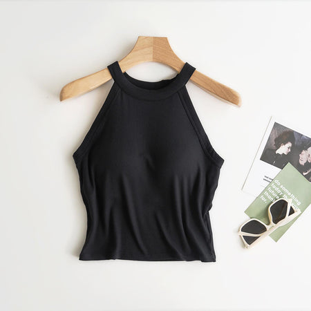 Hani Tank Tops With Inbuilt Bra In Black - flat-lay product shot on hanger - Miss Mosa By Akanksha