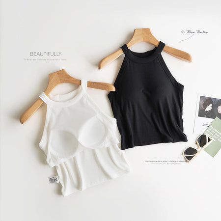 Hani Tank Tops With Inbuilt Bra In Black - flat-lay product shot of two tops on hangers - Miss Mosa By Akanksha