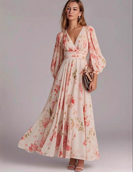 Hannah Floral Maxi Dress - front shot, blush pink with floral print - Miss Mosa By Akanksha