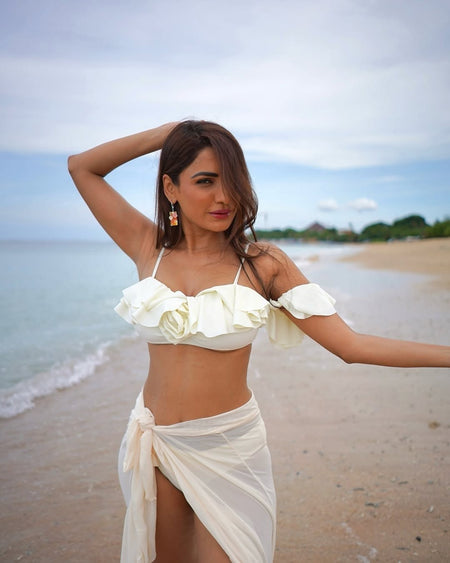 Hannah Swimsuit with Sarong Skirt - front shot on model on beach, cream - Miss Mosa By Akanksha