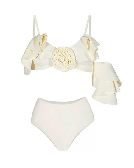 Hannah Swimsuit with Sarong Skirt - front shot on model on beach, cream - Miss Mosa By Akanksha
