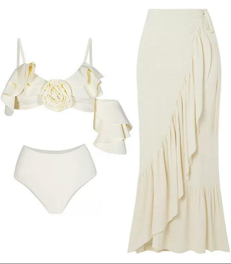 Hannah Swimsuit with Sarong Skirt - back shot on model on beach, cream - Miss Mosa By Akanksha