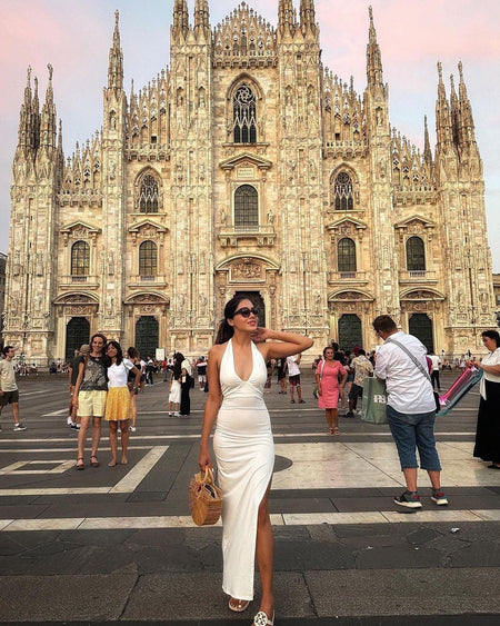 Hansel Halterneck Bodycon Dress in White - lifestyle shot on model, white - Miss Mosa By Akanksha