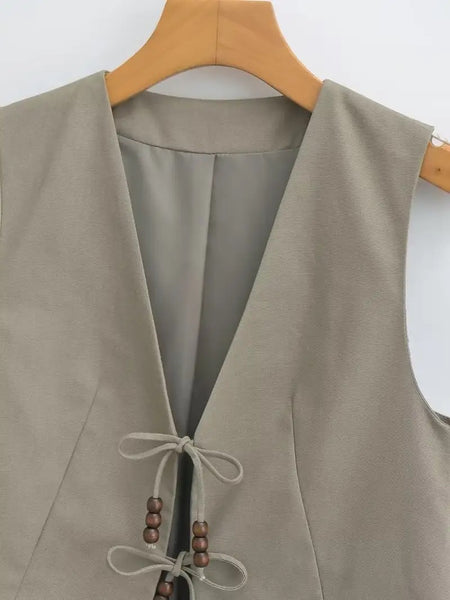 Hansel Knot Up Summer Tops - close-up of fabric detail, khaki - Miss Mosa By Akanksha