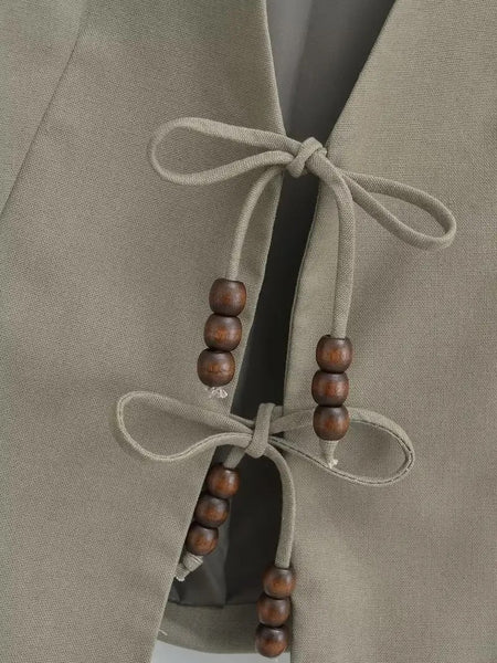 Hansel Knot Up Summer Tops - close-up of knot detail, khaki - Miss Mosa By Akanksha
