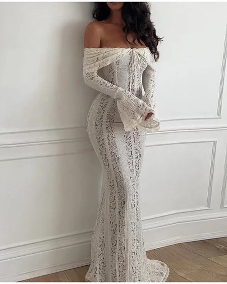 Hansel Off Shoulder Lace Maxi Dress - side shot, ivory lace - Miss Mosa By Akanksha