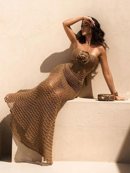 Harbour Rosette Luxe Soft Knit Dress - lifestyle shot on model, brown - Miss Mosa By Akanksha