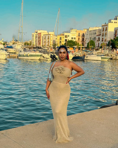 Harbour Rosette Luxe Soft Knit Dress - full-length shot on model, beige - Miss Mosa By Akanksha