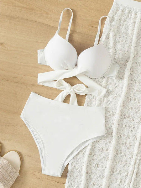 Harlee 3 Piece Swimsuit - styled flat-lay shot, white - Miss Mosa By Akanksha