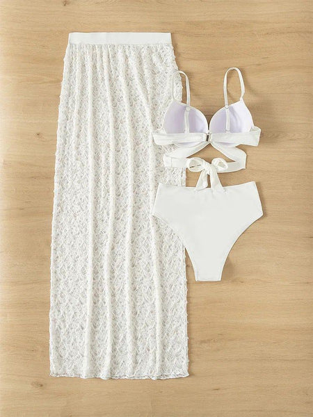 Harlee 3 Piece Swimsuit - styled flat-lay shot, white - Miss Mosa By Akanksha