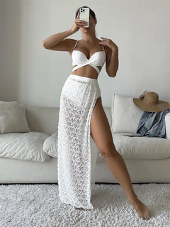 Harlee 3 Piece Swimsuit - full-length shot on model, white - Miss Mosa By Akanksha