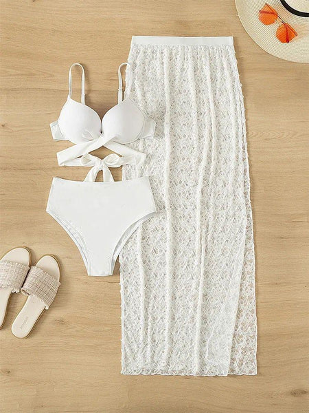 Harlee 3 Piece Swimsuit - styled flat-lay shot, white - Miss Mosa By Akanksha