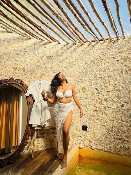 Harlee 3 Piece Swimsuit - lifestyle shot on model, white - Miss Mosa By Akanksha