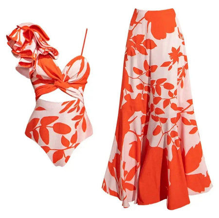Harley Swimsuit With Sarong Skirt In Orange - flat-lay shot of swimsuit and sarong - Miss Mosa By Akanksha