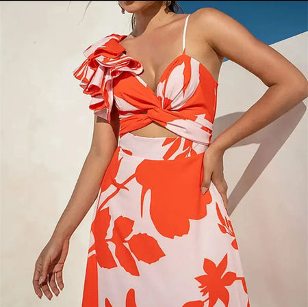 Harley Swimsuit With Sarong Skirt In Orange - flat-lay shot of full set - Miss Mosa By Akanksha