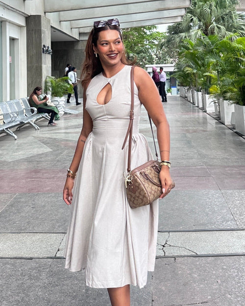 Harlow Statement Dropwaist Midi Dress In Beige
